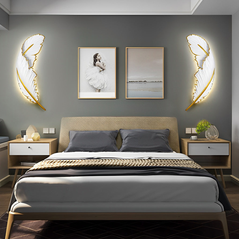 Modern Art Decorative Resin Feather Dimmable White Wall Sconces with LED Strip