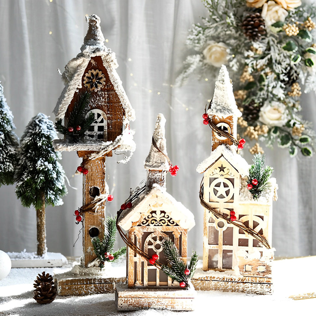 Creative Wooden Christmas Houses Village Ornaments Decoration with Lights