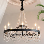 Vintage Wrought Iron Chandelier French Artistic Pearl Ceiling Light