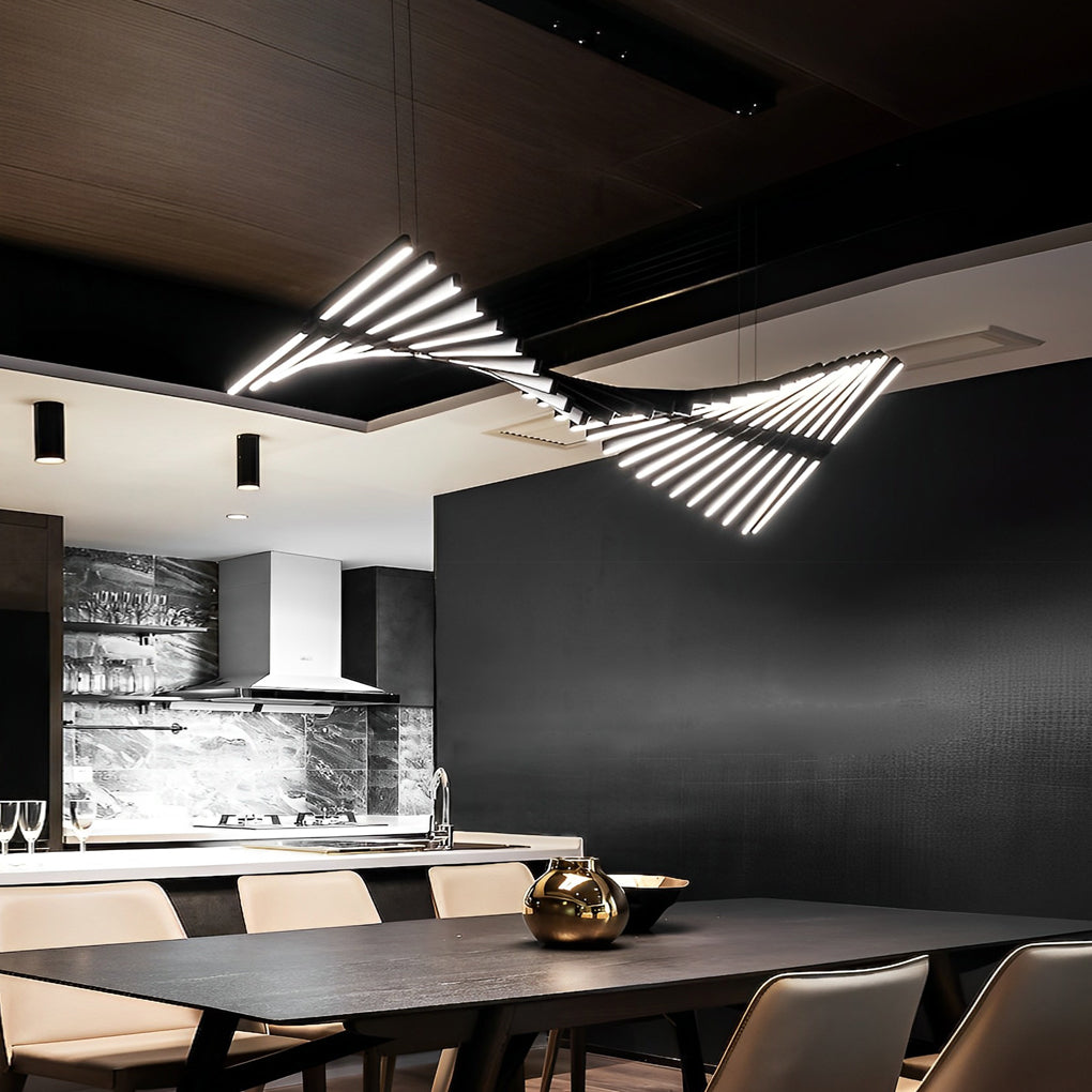 Black Art Pendants Light Nordic Wave Fish Bone Linear Ceiling Light