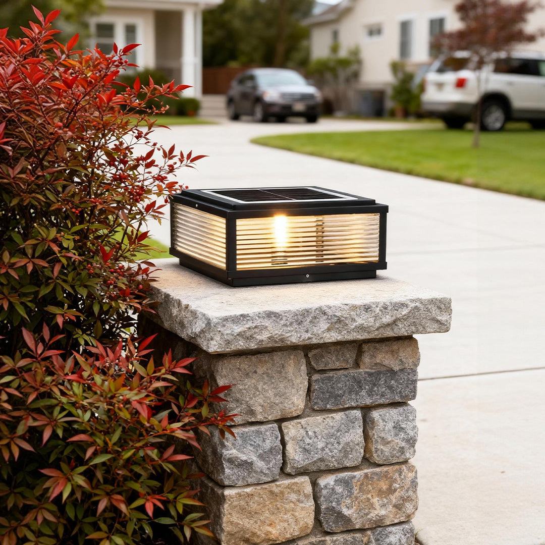 Square Pillar Light Ribbed Glass Outdoor Metal Light