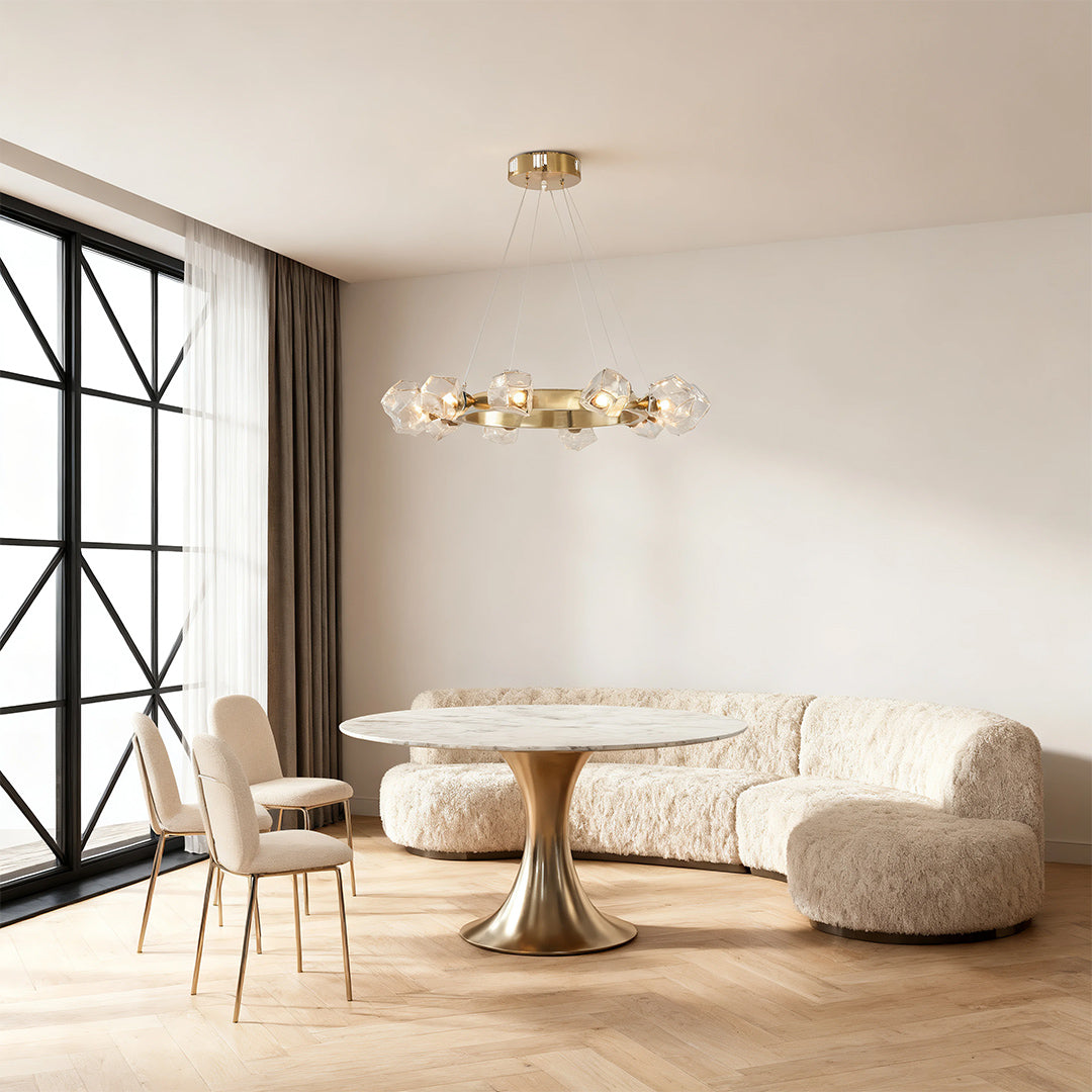 Gold Round Chandelier Featuring a Polished Brass Ring Ceiling Light