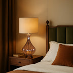 Glass Base Table Lamp with Sculptural  Classic Linen Shade Light