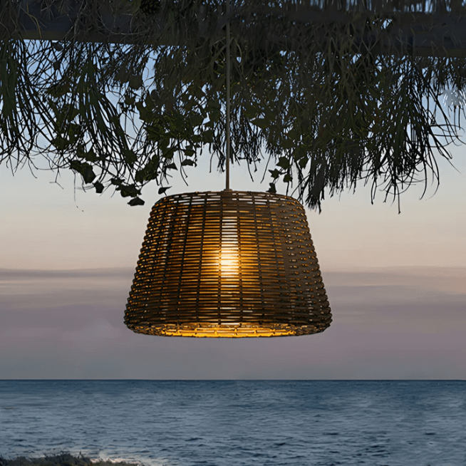 Elegant Rattan Shade LED Outdoor Floor Lamp Pendant Light with Stake and Open-Top Design