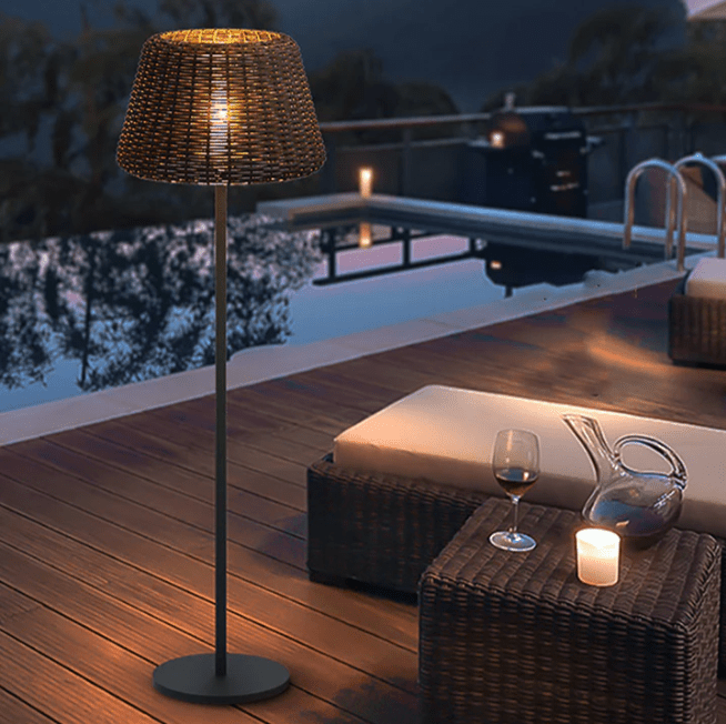 Elegant Rattan Shade LED Outdoor Floor Lamp Pendant Light with Stake and Open-Top Design