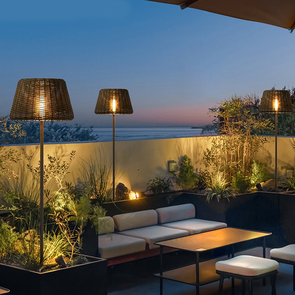 Elegant Rattan Shade LED Outdoor Floor Lamp Pendant Light with Stake and Open-Top Design