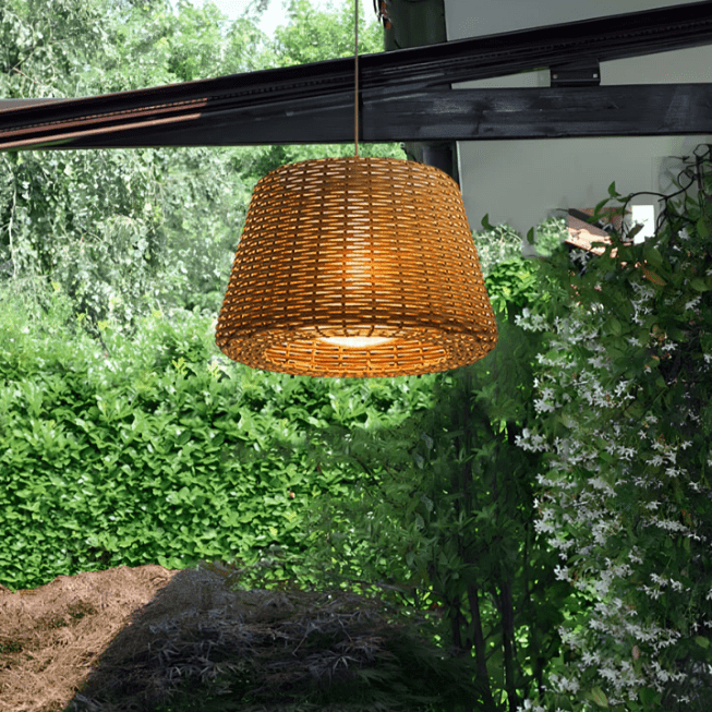 [Open-Box] Elegant Rattan Shade LED Outdoor Floor Lamp Pendant Light with Stake and Open-Top Design