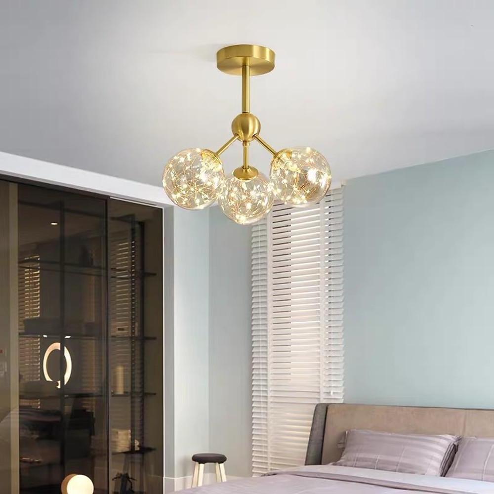 3-Globe Copper Glass Semi Flush Mount Lighting Ceiling Lights for Bedroom