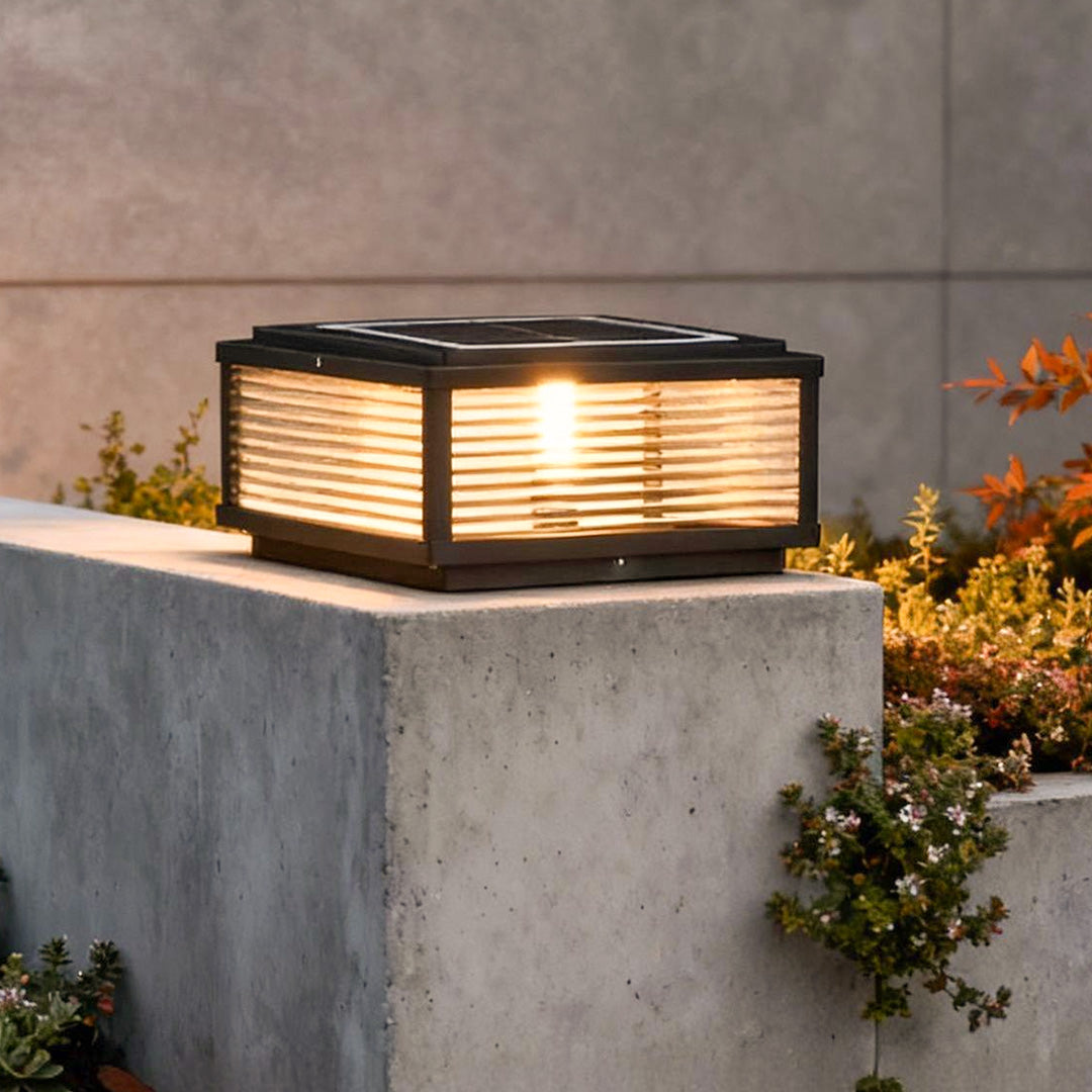 Square Pillar Light Ribbed Glass Outdoor Metal Light