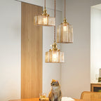 Square Glass Pendant Light Vintage Brass and Glass Ceiling Light