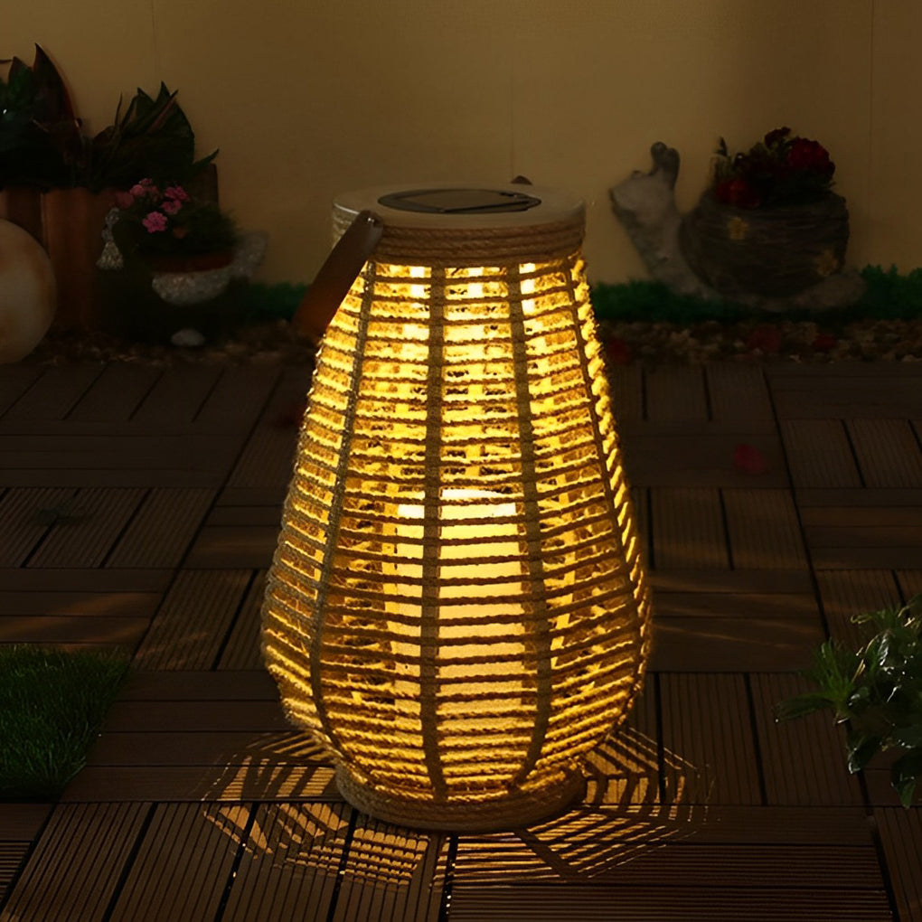 Rattan Solar Lantern Portable Waterproof LED Hemp Rope Hanging Lamp
