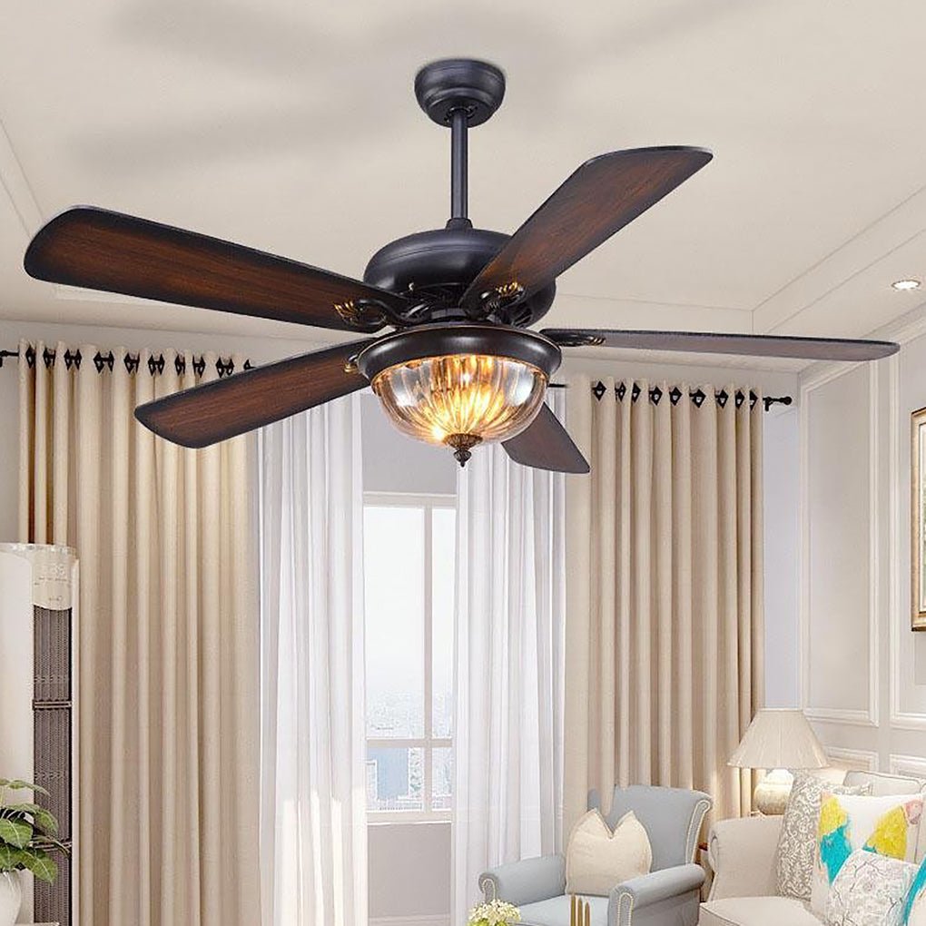 Retro Ceiling Fan Light Country Style Metal Brown Blades Light