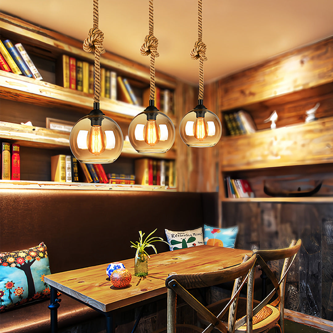 Retro Glass Pendant Light Minimalist LED Hemp Rope Ceiling Light