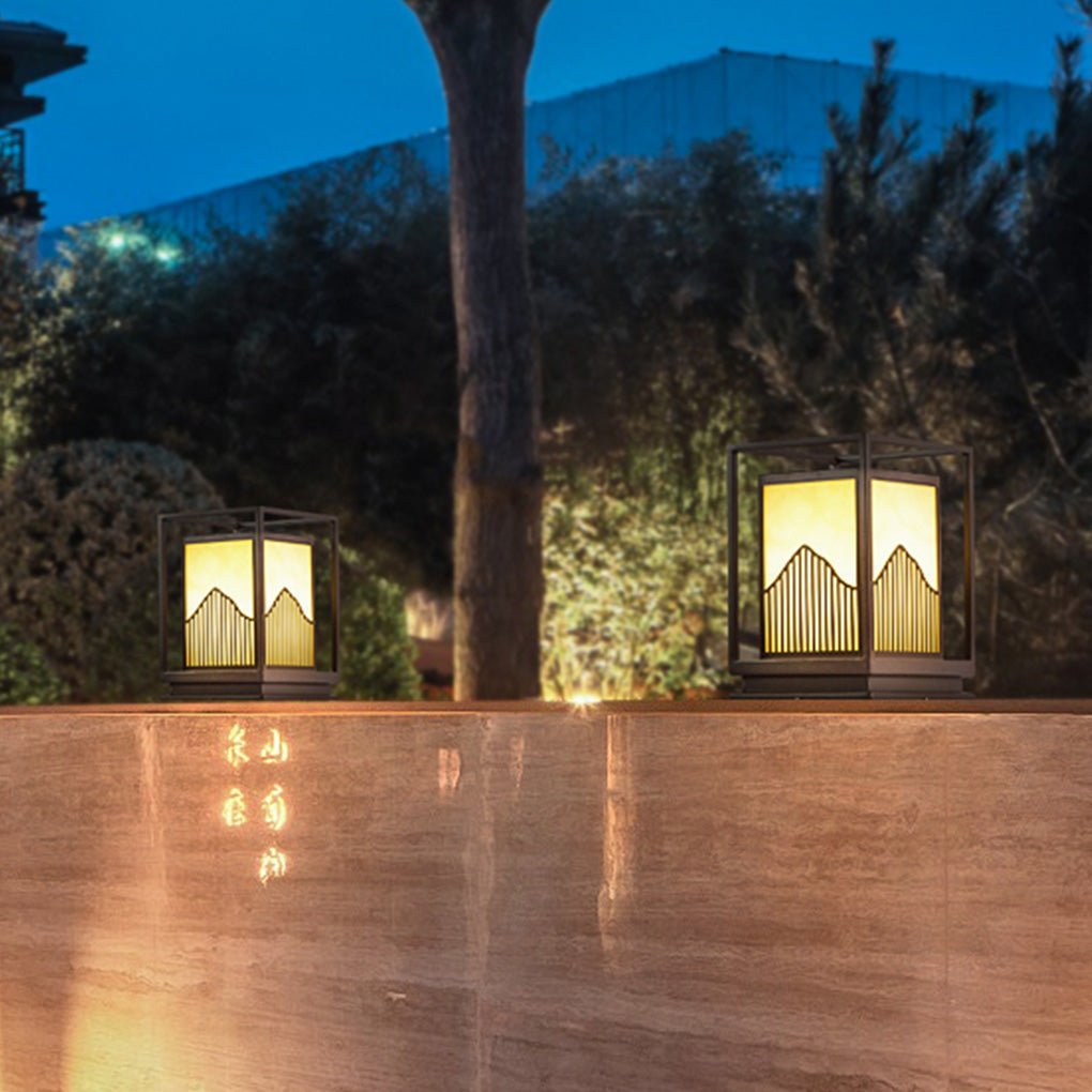 Elegant Square Outdoor Garden Light with Mountain Scene Shade