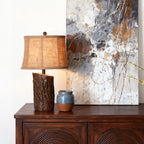 Faux Wood Table Lamp Bark-Textured Fabric Shade Nightstand Light