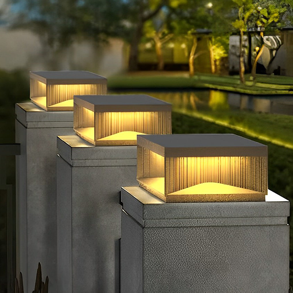 [Open-Box]Square Metal Striped Decor LED Waterproof Black Solar Fence Post Light