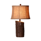Faux Wood Table Lamp Bark-Textured Fabric Shade Nightstand Light