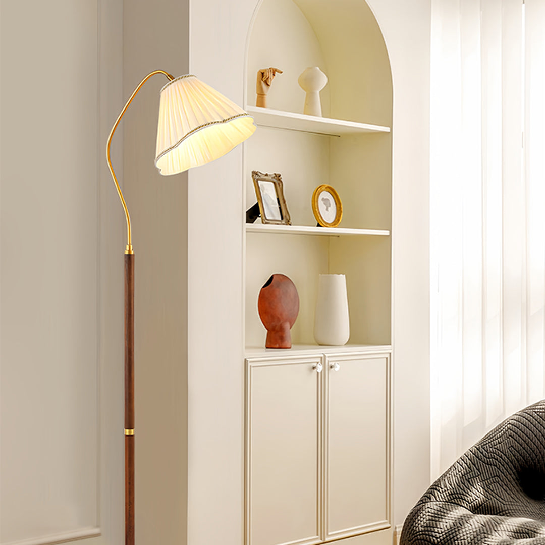 Walnut Floor Lamp Elegant American Retro Fabric Shade Standing Lamp